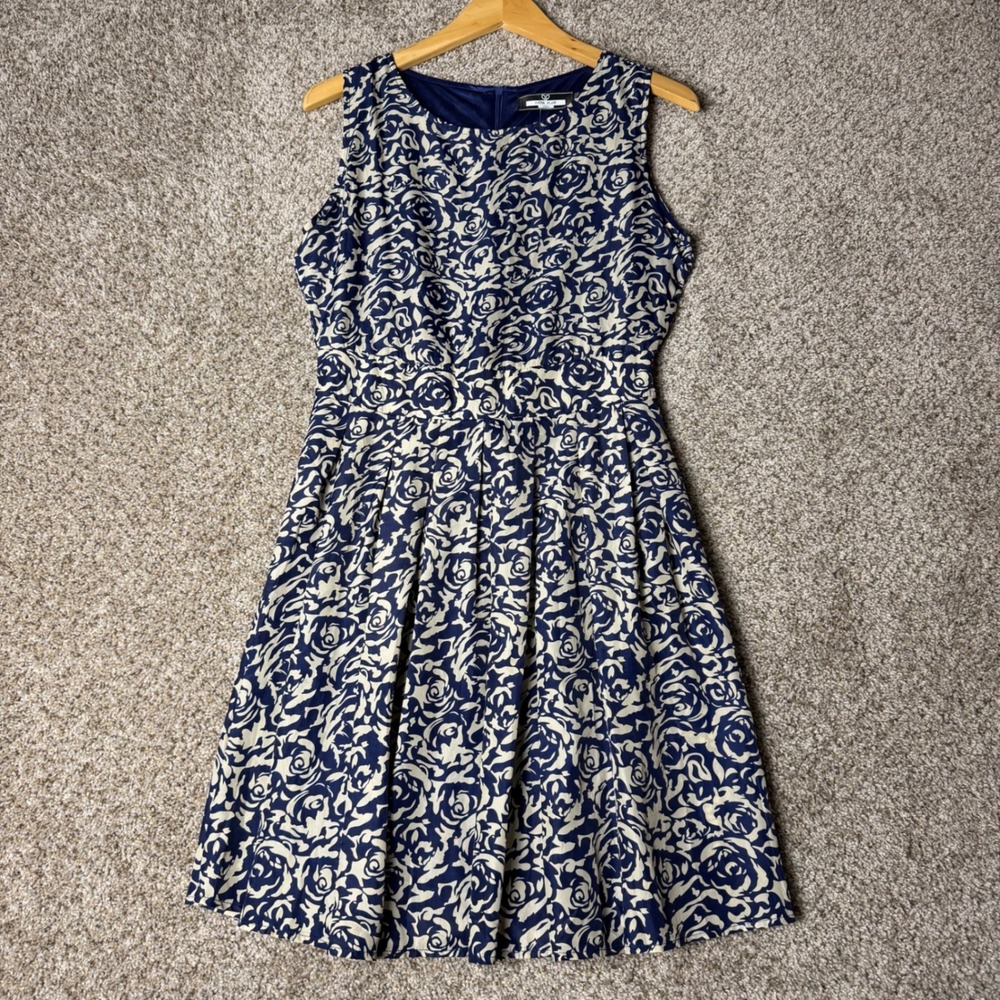 Paper Plane London Navy Blue Cream Rose Floral Fit & Flare Dress Womens ML